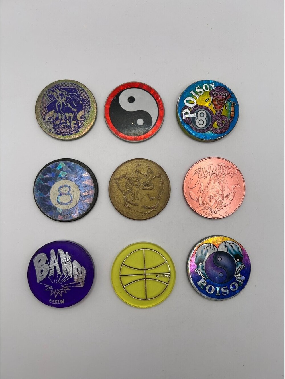 Vintage 90s Pog Slammers Poison 8 Ball Yin Yang Bigfoot BANG SLAMMER multicolor